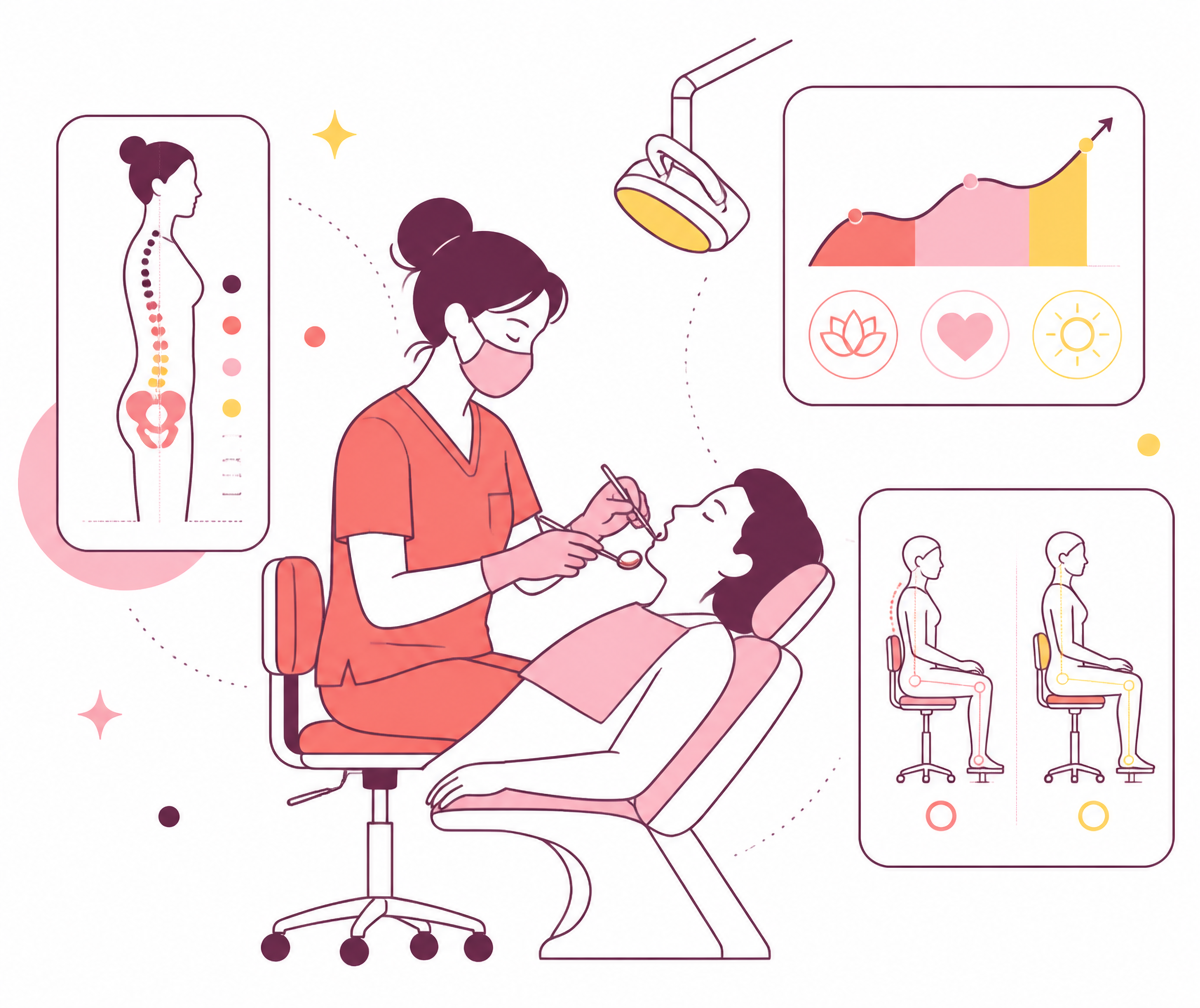 Illustration of a dentist working chair-side surrounded by posture, ergonomics and wellbeing data cards