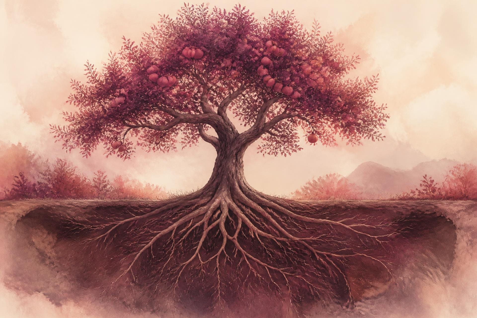 Illustration of a fruit-bearing tree with its deep root system below the soil
